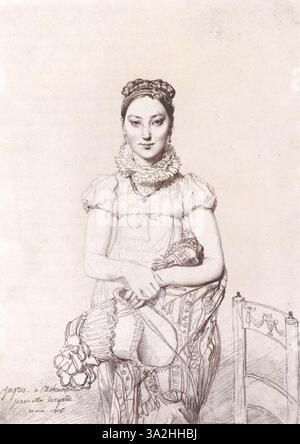 Dieses Porträt von Jean-Auguste-Dominique Ingres zeigt Mademoiselle Jeanne Hayard aus dem Jahr 1815, die ihre elegante Präsenz mit Ingres' charakteristischem neoklassizistischen Stil einfängt. Stockfoto
