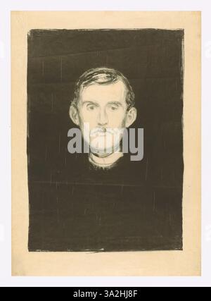 In diesem Selbstporträt zeigt sich Munch mit einem düsteren Ausdruck, indem er dunkle, satte Töne verwendet, um das emotionale Gewicht und die Einsamkeit des Künstlers hervorzuheben. Das Bild spiegelt sein Interesse an psychologischer Erforschung wider. Stockfoto