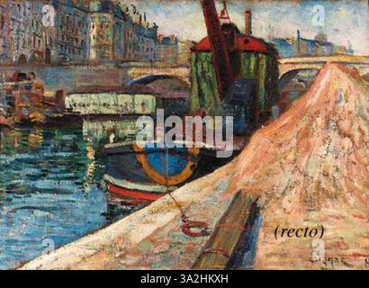 Dieses Werk von Paul Signac aus dem Jahr 1884 zeigt einen Krane (La Grue 'l'Union') auf der Île Saint-Louis in Paris. Der Künstler nutzt Pointillismus, um die mechanische Struktur und die umgebende Stadtlandschaft entlang der seine einzufangen. Stockfoto