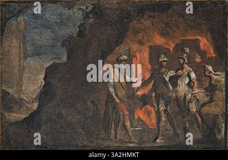 Dieses Gemälde zeigt die mythologische Szene von Ulysses, der den Propheten Tiresias in der Unterwelt befragt. Guercino fängt die Spannung des Augenblicks durch dramatische Beleuchtung und intensive Ausdrucksformen ein. Stockfoto