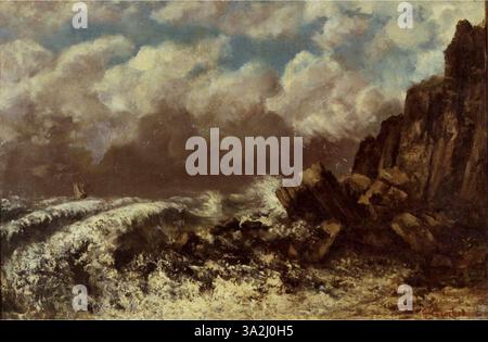 „Marine à Etretat“ (Meereslandschaft bei Etretat) von Gustave Courbet zeigt die dramatischen Klippen und turbulenten Gewässer von Etretat, Frankreich. Die Szene fängt die raue Schönheit der Küste und die dynamische Energie des Meeres ein. Stockfoto