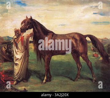 *Hadji* von Chassériau stellt einen arabischen Hengst aus der Provence Konstantin dar, der sich auf die kraftvolle Form und Anmut des Pferdes konzentriert. Das Gemälde unterstreicht die Stärke und Präsenz des Tieres, die charakteristisch für Chassériaus Liebe zum naturalistischen Detail ist. Stockfoto