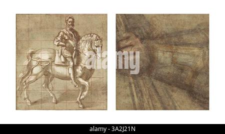 Diese Studie von Federico Barocci zeigt ein Reiterporträt von Francesco Maria II. Della Rovere, das die königliche Haltung des Herzogs unterstreicht. Der Verso konzentriert sich auf eine detaillierte Untersuchung seiner rechten Hand, die einen Stab hält, und zeigt Baroccis Aufmerksamkeit für komplizierte Details in seinen vorbereitenden Arbeiten. Stockfoto