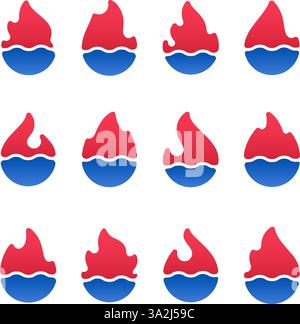Heiße Flammen setzen Symbole, Symbole flüssiges Wasser Stock Vektor