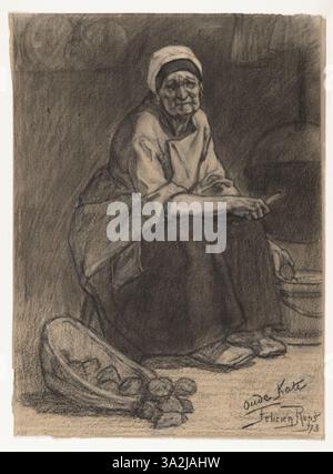 Eine ähnliche Darstellung von „Oude Kate – Femme assise sur une Chaise“, konzentriert sich diese Version auf die subtilen Emotionen, die durch die Stille der Frau und ihre Umgebung vermittelt werden. Stockfoto