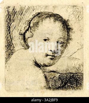 Diese Gravur von Rembrandt stellt Jan Lievens mit komplizierten Details dar und hebt seine Eigenschaften und Kleidung hervor, indem er Schattierungstechniken verwendet, um dem Porträt Tiefe und Realismus zu verleihen. Stockfoto