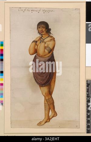 Diese Illustration von John White aus dem Jahr 1906 zeigt die Ehefrau des „Werowance“ oder Häuptlings Wingina und zeigt die Kleidung und die Rolle einer weiblichen Anführerin im Stamm der Pomeiooc. Stockfoto