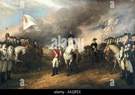 Dieses Gemälde zeigt die Truppen des britischen Generalmajor Charles Cornwallis, 1. Marquess Cornwallis (1738–1805), der sich nach der Belagerung von Yorktown (28. September bis 19. Oktober 1781) während des Amerikanischen Unabhängigkeitskrieges den französischen und amerikanischen Truppen ergab. Die Hauptfiguren sind die Generäle Charles O’Hara und Benjamin Lincoln. Die Regierung der Vereinigten Staaten beauftragte Trumbull 1817, patriotische Gemälde zu malen, darunter dieses Stück, und zahlte 1820 für das Stück. John Trumbull Stockfoto