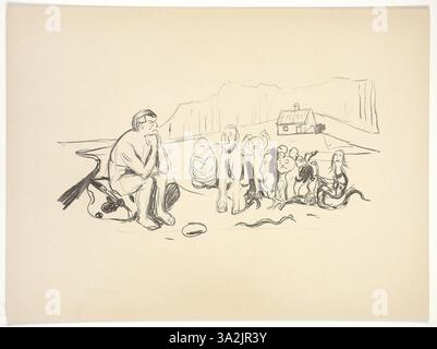 „Alpha's Nachkommen“ von Edvard Munch zeigt eine kraftvolle Auseinandersetzung mit Generationenthemen. Die Arbeit erfasst die emotionalen Komplexitäten, die von einer Figur zur nächsten übertragen werden, typisch für Munchs symbolische Herangehensweise an menschliche Beziehungen und das Erbe von Traumata. Stockfoto