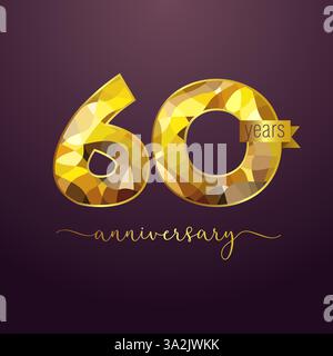 60 Jahre altes kreatives goldenes Logo, strukturiertes Buntglas-Schild. Herzlichen Glückwunsch zum 60. Geburtstag. Web-Symbol für Feiertage. Isolierte 3D-Zahl 6 und 0. Stock Vektor