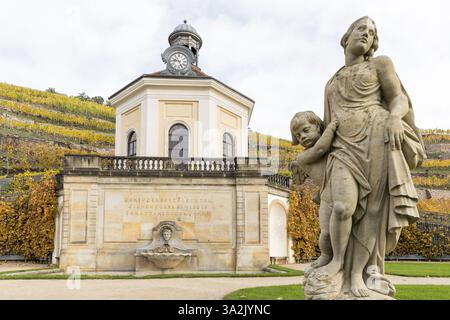 Belvedere von Schloss Wackerbarth und Sandsteinfigur mit herbstlichen Weinbergen, Radebeul, Sachsen, Deutschland, Europa Stockfoto