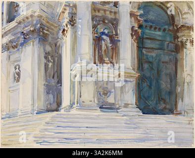 *Venedig La Salute* ist ein Aquarellgemälde von John Singer Sargent, das die berühmte Kirche Santa Maria della Salute in Venedig darstellt. Der Künstler fängt die Pracht der Architektur vor dem pulsierenden Himmel ein. Stockfoto