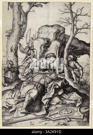 Dieser Stich von Lucas van Leyden aus dem Jahr 1917 zeigt seine Aufmerksamkeit auf religiöse Ikonographie und detaillierte historische Szenen und spiegelt die Feinheiten der Druckerei der nördlichen Renaissance wider. Stockfoto
