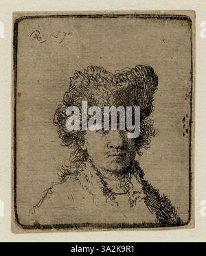 Diese Ätzung zeigt eine Figur mit scharfen Kontrasten von Hell und Dunkel, um emotionale Tiefe zu erzeugen und den Gesichtsausdruck des Motivs zu betonen. Stockfoto