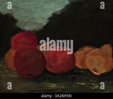 „Nature morte aux pommes et aux poires“ (Stillleben mit Äpfeln und Birnen) stellt ein naturalistisches Stillleben aus Früchten dar und zeigt Courbets Fähigkeit, Texturen und Beleuchtung präzise zu rendern. Stockfoto