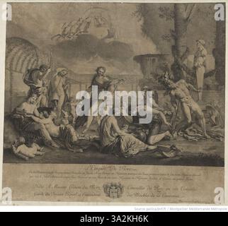 Gérard Audrans Gravur des Reiches Flora, der einen mythologischen Garten mit Floras göttlicher Präsenz darstellt, inspiriert von Poussins barocker Darstellung der Natur und der Mythologie. Stockfoto