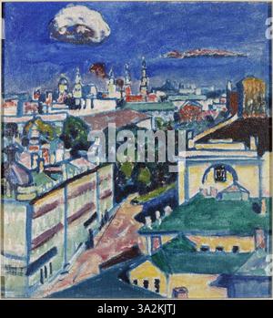 'Blick auf Moskau von Kandinskys Fenster auf dem Zubovsky Platz 1' (ca. 1916) fängt die urbane Landschaft vom Wohnhaus des Künstlers aus ein. Das Gemälde zeigt eine moderne, dynamische Stadtlandschaft mit gedämpften Tönen und geometrischen Formen, die seinen sich entwickelnden Stil hin zur Abstraktion widerspiegelt. Stockfoto