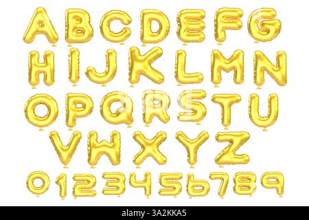 3D-Stilvektor des aufgeblähten metallischen Ballonalphabets glänzend gelb Gold und Zahlen auf weißem Hintergrund Stock Vektor