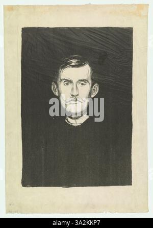 In diesem Selbstporträt fängt Edvard Munch sich mit einem ernsten und introspektiven Ausdruck ein. Die rauen Pinselstriche und gedämpften Töne unterstreichen die emotionale Komplexität der Innenwelt des Künstlers. Stockfoto