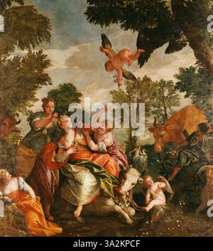 Dieses Kunstwerk, das Veronese's Werkstatt zugeschrieben wird, zeigt die Entführung von Europa, eine klassische mythologische Szene. Die Figuren sind mit dramatischen Gesten und satten Farben dargestellt und zeigen Veronese's Stil in mythologischen Erzählungen. Stockfoto