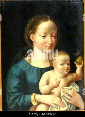 Dieses Gemälde der Madonna von Joos van Cleve, das um 1510–1520 entstand, zeigt die Jungfrau Maria in einer traditionellen, ruhigen Pose, die typisch für die religiöse Kunst der Renaissance ist. Stockfoto