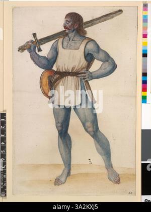 Diese Illustration von John White aus dem Jahr 1906 zeigt einen Pict-Krieger mit einem befleckten Körper, der Schild und Schwert hält und die Kriegerkultur der Picts zeigt. Stockfoto