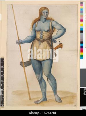 Diese Illustration von John White aus dem Jahr 1906 zeigt eine Frau aus der piktischen Kultur, zeigt ihre Kleidung und Körpermalerei und bietet einen Einblick in das Leben der Pikten. Stockfoto