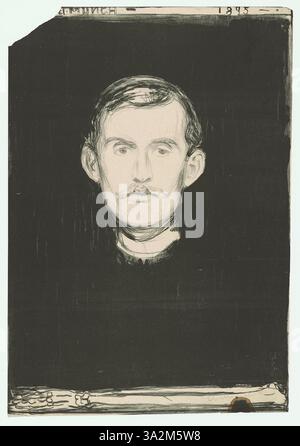 Dieses Selbstporträt von Edvard Munch fängt einen Moment tiefer emotionaler Reflexion ein. Die Verwendung dunkler, satter Töne und subtiler Kontraste im Bild verstärkt die Themen Introspektion und psychologische Tiefe. Stockfoto