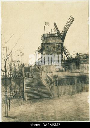 Diese Zeichnung aus dem Jahr 1887 mit dem Titel „Moulin de la Galette“ zeigt eine Windmühle, die das ländliche Leben und den charakteristischen expressiven Stil von Van Gogh einfängt. Stockfoto