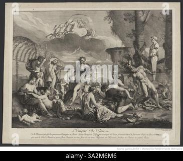 Ein weiterer Stich von Gérard Audran vom Reich der Flora, der sich auf den göttlichen mythologischen Garten und die symbolische Rolle der Flora in der Natur und Schöpfung konzentriert. Stockfoto