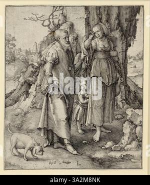 Dieser Stich von Lucas van Leyden aus dem Jahr 1908 zeigt eine religiöse Szene und demonstriert sein Können in der Erstellung detaillierter, komplexer Kompositionen. Van Leydens Verwendung von feinen Linien und Schattierungen unterstreicht den Fokus der Nördlichen Renaissance auf religiöse Ikonographie und Erzählkunst. Stockfoto