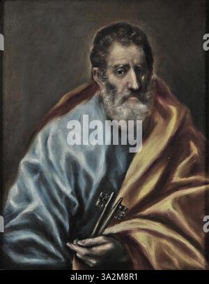 El Greco's * St. Peter* zeigt den Apostel in einer zutiefst spirituellen und kontemplativen Pose. Der unverwechselbare Einsatz von Farbe und Form unterstreicht die intensive Emotion der Figur, die mit starken, ausdrucksstarken Eigenschaften und einer spirituellen Aura dargestellt wird. Stockfoto