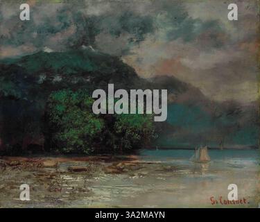 Courbets *Lac Léman avant la tempête* (ca. 1874) fängt einen ruhigen, aber unheilvollen Moment vor einem Sturm über dem Genfer See ein. Die Komposition konzentriert sich auf das stille Wasser und die fernen, dunklen Wolken und stellt eine natürliche Szene voller drohender Spannung dar. Stockfoto
