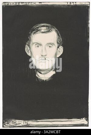 In diesem Selbstporträt betont Edvard Munchs ausdrucksstarker Stil eine düstere und introspektive Stimmung. Das Gesicht des Künstlers, das mit lebhaften Pinseln gemalt ist, fängt die emotionale Komplexität von Selbstreflexion und persönlicher Identität ein. Stockfoto