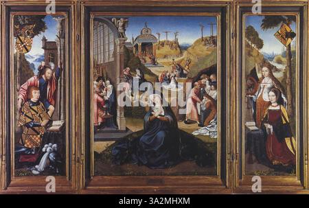 Dieser Altaraufsatz zeigt die Sieben Sorgen Mariens mit St. Christoph und St. Katharina an den Fensterläden. Das Werk verbindet religiöse Ikonographie und Andachtsbilder im typischen Stil des 16. Jahrhunderts. Stockfoto