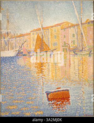 „Saint-Tropez. La Bouée rouge' (1895) von Paul Signac zeigt einen Blick auf Saint-Tropez am Meer mit einer roten Boje, die im Wasser schwimmt. Das Gemälde verwendet Pointillismus, um das lebendige Sonnenlicht und die dynamischen Wasserreflexionen einzufangen. Stockfoto