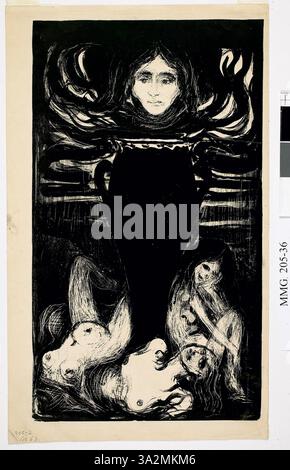 "Die Urne" stellt ein starkes, mächtiges Symbol der Sterblichkeit dar. Munch verwendet eine dunkle, gedämpfte Farbpalette, um die emotionale Tiefe von Trauer, Verlust und die Unvermeidbarkeit des Todes zu vermitteln, die die Fragilität des Lebens und die Vergänglichkeit der Existenz widerspiegelt. Stockfoto
