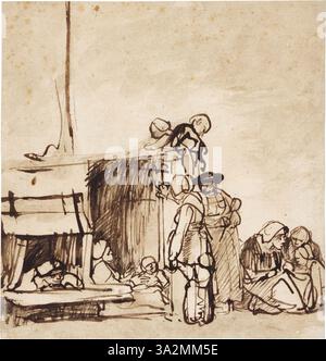 Dieses Kunstwerk, das Carel Fabritius zugeschrieben wird, zeigt Bauern, die sich vor einer Hütte versammelt haben und das ländliche Leben und die naturalistischen Figuren einfangen, die typisch für die niederländische Malerei des 17. Jahrhunderts sind. Stockfoto