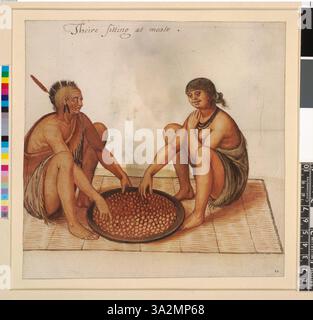Diese 1906 von John White gefertigte Illustration zeigt einen Indianer, der einen Einblick in das tägliche Leben und die Essensbräuche der indianischen Kultur bietet. Stockfoto