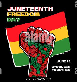 Quadratisches Banner des Juneteenth. Hochgezogene Faust und kühne Typografie. Lebendiger Vektor, der die Unabhängigkeit, Einheit und kulturellen Stolz der Schwarzen feiert. Die Farben Rot, Gelb und Grün stehen für Freiheit, Solidarität und Erbe Stock Vektor
