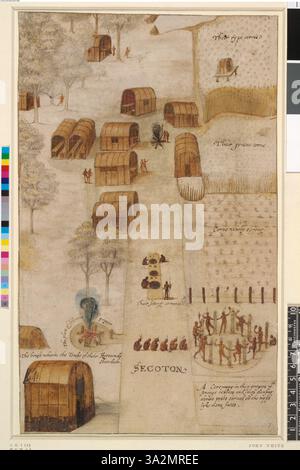 Diese 1906 von John White gefertigte Illustration zeigt die Stadt Secoton und ihre Grundrisse sowie die Siedlung der Ureinwohner Amerikas in frühen Amerika. Stockfoto