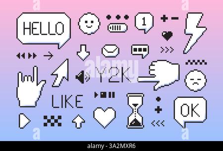 Pixel Game Art Y2K Elemente. 8-Bit-Symbole für die Benutzeroberfläche im Retro-Stil. Cursor-Pfeil für Lächeln der Sprechblase. Stock Vektor