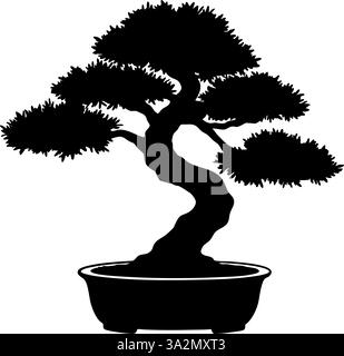 Silhouette von Bonsai, die in einem Topfsymbol wachsen. Vektorabbildung Stock Vektor