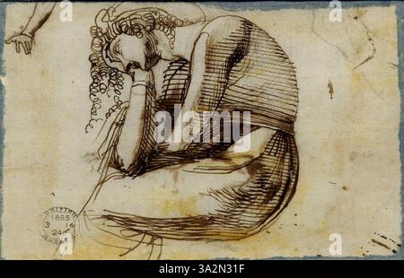 Diese Verso-Studie zeigt eine sitzende Frau von hinten, begleitet von verschiedenen anderen Skizzen. Der Fokus liegt auf der entspannten Haltung der Figur, die Fuselis Fähigkeit, natürliche Posen und Gesten einzufangen, demonstriert. Stockfoto