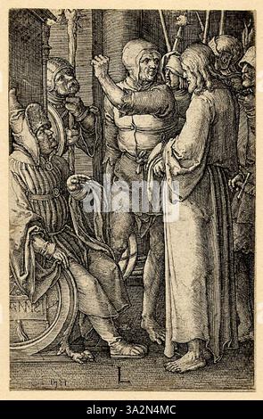 Dieser Druck von Lucas van Leyden aus dem Jahr 1849 zeigt seinen präzisen Gravurstil und erfasst eine Szene mit religiösen oder mythologischen Themen. Van Leydens Werk ist bekannt für seine komplizierten Details und seine feine Linienführung, die typisch für die nördliche Renaissance ist. Stockfoto