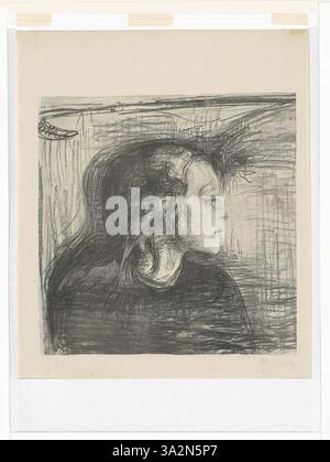 Dieses Gemälde zeigt einen Moment der Trauer, zu dem ein krankes Kind von einer fürsorglichen Figur genährt wird. Munch verwendet gedämpfte Töne und weiche Pinselarbeiten, um die Fragilität des Lebens zu vermitteln, wobei der Schwerpunkt auf der intimen, schmerzhaften Interaktion zwischen Kind und Betreuer liegt. Das Stück weckt emotionale Resonanz mit Themen wie Krankheit und Verlust. Stockfoto