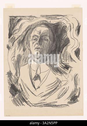 Edvard Munchs Selbstporträt mit einer Zigarre fängt den Künstler in einem direkten, introspektiven Blick ein, mit einer Zigarre in seiner rechten Hand. Die gedämpfte Farbpalette und die Pinselstriche betonen Munchs emotionale Tiefe, ein Markenzeichen seines Stils. Das Stück veranschaulicht die Erforschung der Selbstidentität von Munch und seine komplexe Beziehung zum Akt der Selbstdarstellung. Stockfoto