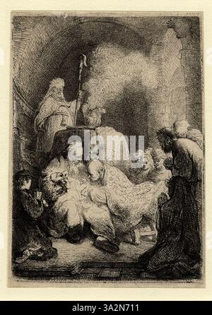 Rembrandts Ätzung stellt ein Gesicht mit exquisiten Details dar, das Licht und Schatten verwendet, um eine tiefe emotionale Reaktion hervorzurufen. Sein geschickter Einsatz von Hell-Dunkel verstärkt den psychologischen Zustand des Probanden. Stockfoto