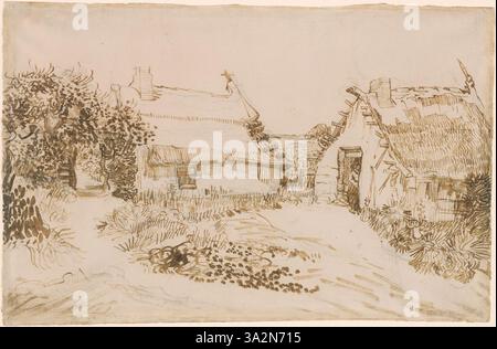 Diese Zeichnung von Mai-Juni 1888 zeigt zwei Cottages in Saintes-Maries-de-la-Mer und zeigt Van Goghs Verwendung lebendiger Farben und einfacher Strukturen. Stockfoto