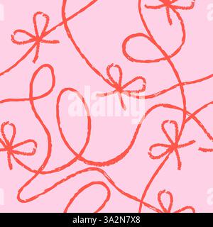 Nahtloses Muster in Pink und Rot mit Schleife. Vektorbleistift oder Kreide Hand gezeichneter Hintergrund mit Seil. Stylischer Textildruck Stock Vektor